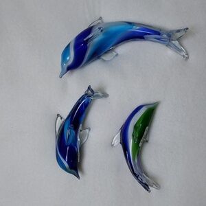 3 Crystal Blue Dolphins Art Glass